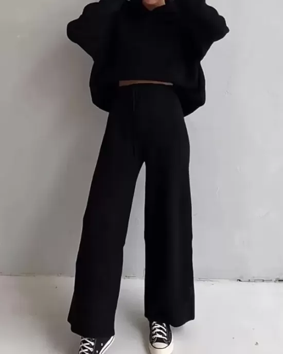 Solid Color Loose Round-Neck Hooded Long Sleeves Sweater Top + Drawstring Pants Bottom Two Pieces Set