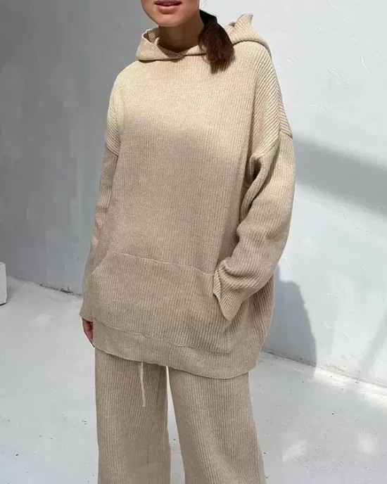 Solid Color Loose Round-Neck Hooded Long Sleeves Sweater Top + Drawstring Pants Bottom Two Pieces Set