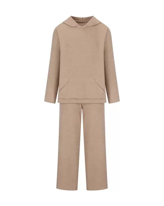 Solid Color Loose Round-Neck Hooded Long Sleeves Sweater Top + Drawstring Pants Bottom Two Pieces Set