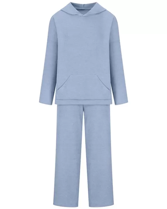 Solid Color Loose Round-Neck Hooded Long Sleeves Sweater Top + Drawstring Pants Bottom Two Pieces Set