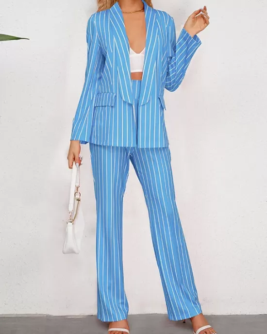 Striped Lapel Long Sleeves Blazer Top + Wide Leg Pants Bottom Two Pieces Set