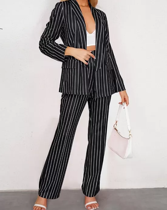 Striped Lapel Long Sleeves Blazer Top + Wide Leg Pants Bottom Two Pieces Set