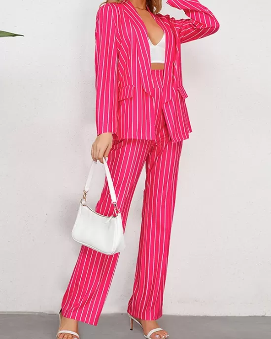 Striped Lapel Long Sleeves Blazer Top + Wide Leg Pants Bottom Two Pieces Set