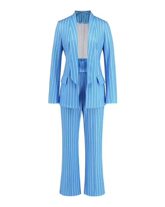 Striped Lapel Long Sleeves Blazer Top + Wide Leg Pants Bottom Two Pieces Set