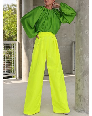 Contrast Color Round-Neck Puff Sleeves Blouse Top + Wide Leg Pants Two Pieces Set