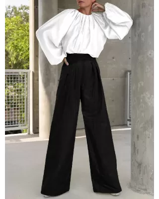 Contrast Color Round-Neck Puff Sleeves Blouse Top + Wide Leg Pants Two Pieces Set