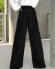 Contrast Color Round-Neck Puff Sleeves Blouse Top + Wide Leg Pants Two Pieces Set