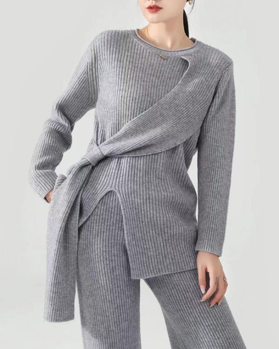 Loose Asymmetric Solid Color Long Sleeves Split-Front Round-Neck Sweater Top + Pants Bottom Two Pieces Set