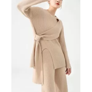 Loose Asymmetric Solid Color Long Sleeves Split-Front Round-Neck Sweater Top + Pants Bottom Two Pieces Set