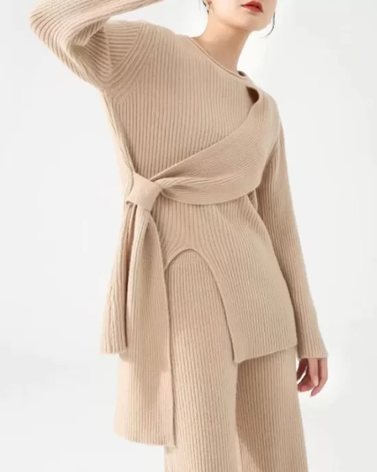 Loose Asymmetric Solid Color Long Sleeves Split-Front Round-Neck Sweater Top + Pants Bottom Two Pieces Set