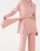 Loose Asymmetric Solid Color Long Sleeves Split-Front Round-Neck Sweater Top + Pants Bottom Two Pieces Set