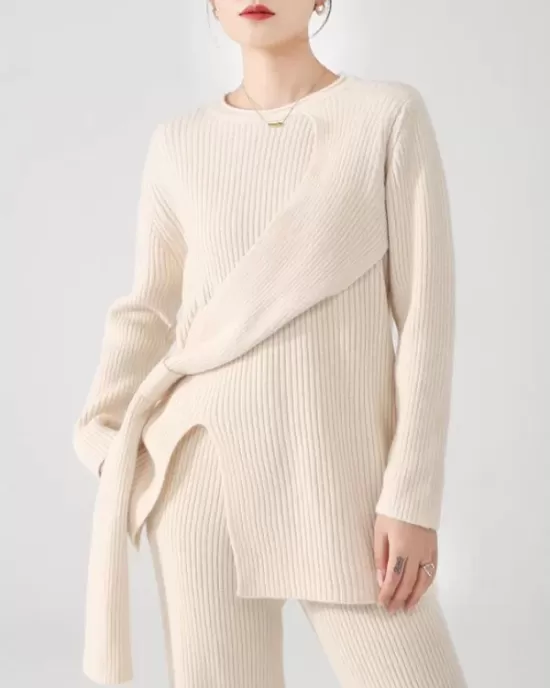 Loose Asymmetric Solid Color Long Sleeves Split-Front Round-Neck Sweater Top + Pants Bottom Two Pieces Set