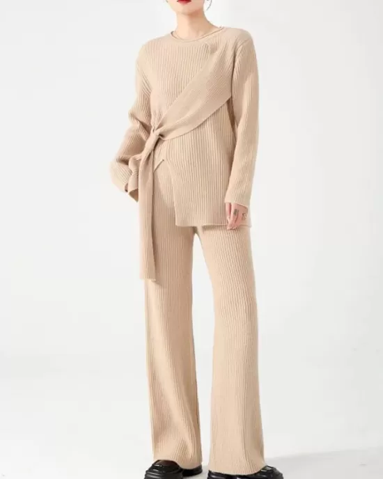 Loose Asymmetric Solid Color Long Sleeves Split-Front Round-Neck Sweater Top + Pants Bottom Two Pieces Set