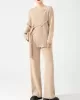 Loose Asymmetric Solid Color Long Sleeves Split-Front Round-Neck Sweater Top + Pants Bottom Two Pieces Set