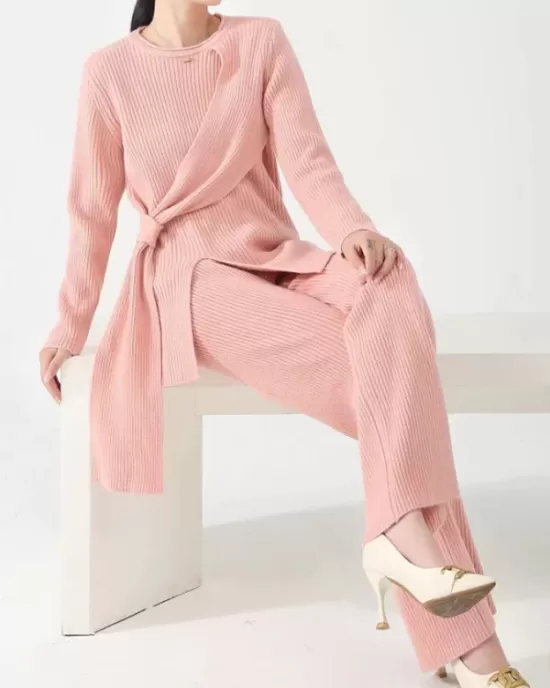 Loose Asymmetric Solid Color Long Sleeves Split-Front Round-Neck Sweater Top + Pants Bottom Two Pieces Set