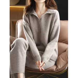 Loose Solid Color Long Sleeves Polo Sweater Top + Pants Bottom Two Pieces Set