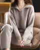 Loose Solid Color Long Sleeves Polo Sweater Top + Pants Bottom Two Pieces Set