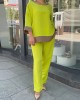 Loose Split-Side Three-Quarter Sleeves Contrast Color Round-Neck Shirts Top + Pants Bottom Two Pieces Set