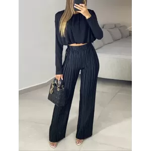 Round-Neck Long Sleeves Elasticity Pleated Solid Color Shirts Top + High Waisted Pants Bottom Two Pieces Set