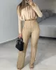 Round-Neck Long Sleeves Elasticity Pleated Solid Color Shirts Top + High Waisted Pants Bottom Two Pieces Set