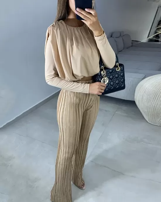 Round-Neck Long Sleeves Elasticity Pleated Solid Color Shirts Top + High Waisted Pants Bottom Two Pieces Set