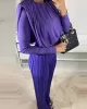 Round-Neck Long Sleeves Elasticity Pleated Solid Color Shirts Top + High Waisted Pants Bottom Two Pieces Set