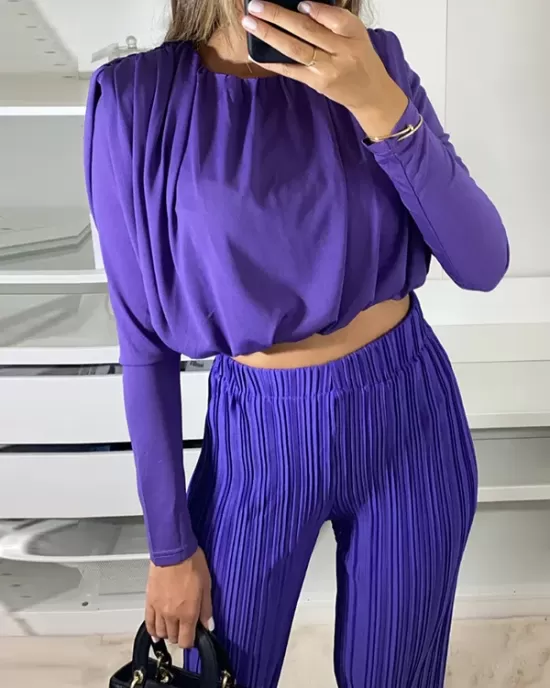 Round-Neck Long Sleeves Elasticity Pleated Solid Color Shirts Top + High Waisted Pants Bottom Two Pieces Set