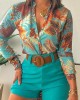 Flower Print Long Sleeves Buttoned  Deep V-Neck Shirts Top +Belted Shorts Bottom Two Pieces Set