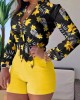 Flower Print Long Sleeves Buttoned  Deep V-Neck Shirts Top +Belted Shorts BottomTwo Pieces Set