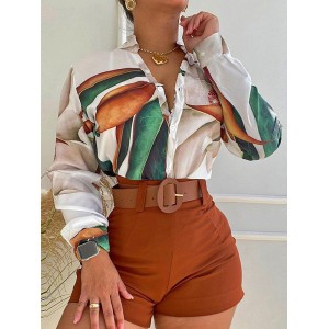 Print Long Sleeves Buttoned  Deep V-Neck Shirts Top +Belted Shorts Bottom Two Pieces Set