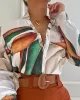 Print Long Sleeves Buttoned  Deep V-Neck Shirts Top +Belted Shorts Bottom Two Pieces Set