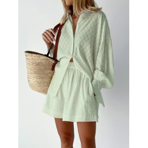 Buttoned Jacquard High-Low Long Sleeves Solid Color Lapel Shirts Top +Shorts Bottom Two Pieces Set