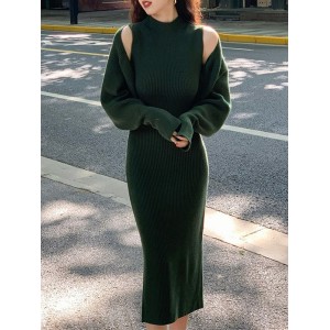 Mock Neck Long Sleeves Solid Color Cardigan Top + High Waisted Sweater Dress Two Pieces Set