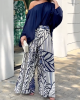 Loose Puff Sleeves Solid Color Off-The-Shoulder Blouses& Printed Pants Two Pieces Set