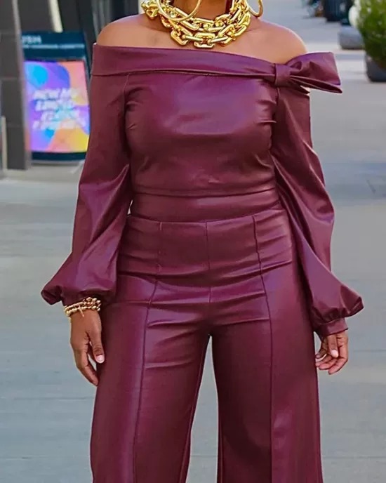 Long Sleeves Puff Sleeves Asymmetric Knot Solid Color Off-The-Shoulder Shirts Top + Pants Bottom Two Pieces Set