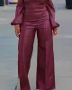 Long Sleeves Puff Sleeves Asymmetric Knot Solid Color Off-The-Shoulder Shirts Top + Pants Bottom Two Pieces Set