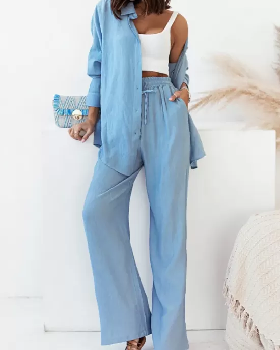 Lapel Long Sleeves Buttoned Pockets Solid Color Shirts Top + Elasticity High Waisted Pants Bottom Two Pieces Set