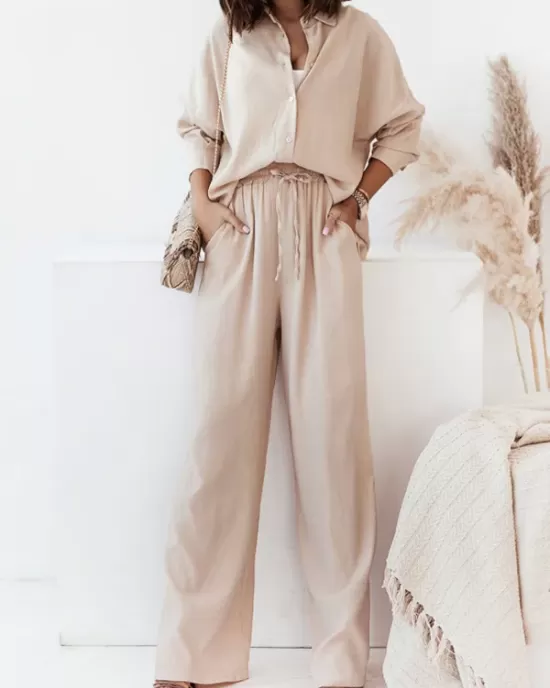 Lapel Long Sleeves Buttoned Pockets Solid Color Shirts Top + Elasticity High Waisted Pants Bottom Two Pieces Set