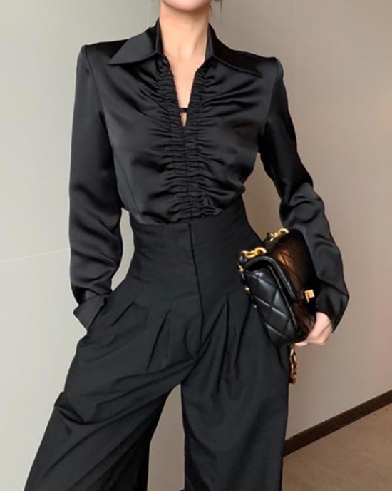 Pleated Solid Color Long Sleeves Skinny Lapel Two Pieces Set Pants Set