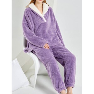 Coral Fleece Split-Joint V-Neck + Pants Pajama Two Pieces Set