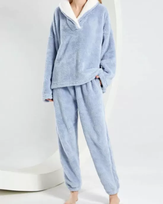 Coral Fleece Split-Joint V-Neck + Pants Pajama Two Pieces Set