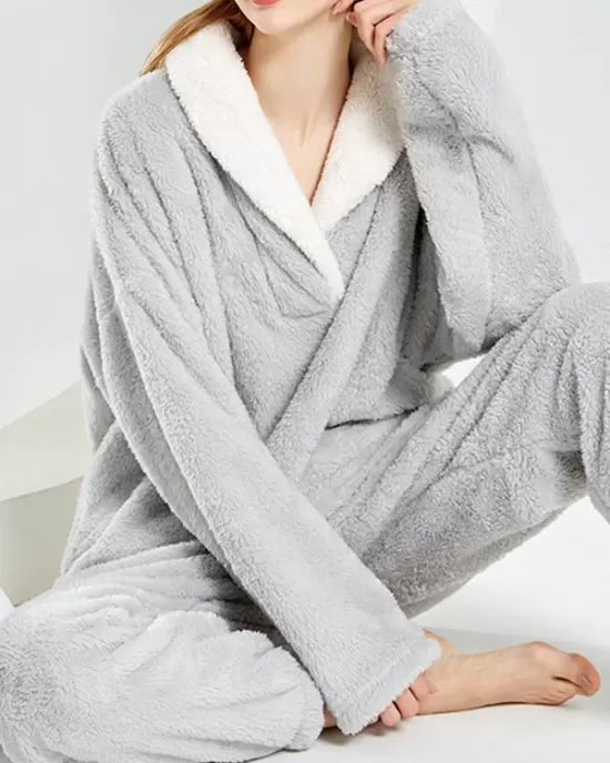 Coral Fleece Split-Joint V-Neck + Pants Pajama Two Pieces Set