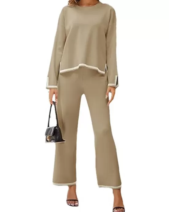 Round-Neck High-Low Long Sleeves Contrast Color Split-Side Sweater Top + Pants Bottom Two Pieces Set