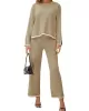 Round-Neck High-Low Long Sleeves Contrast Color Split-Side Sweater Top + Pants Bottom Two Pieces Set