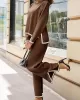 Round-Neck High-Low Long Sleeves Contrast Color Split-Side Sweater Top + Pants Bottom Two Pieces Set