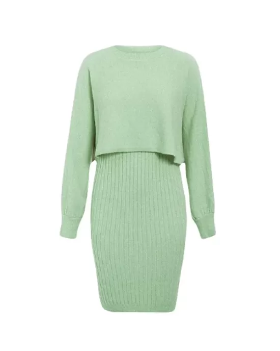 Round-Neck Long Sleeves Solid Color Sweater Top + Inner Dress Two Pieces Set