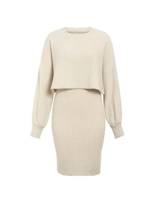 Round-Neck Long Sleeves Solid Color Sweater Top + Inner Dress Two Pieces Set