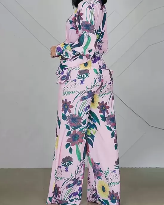 V-Neck High Waisted Long Sleeves Flower Print Tied Waist Shirts Top + Pants Bottom Two Pieces Set