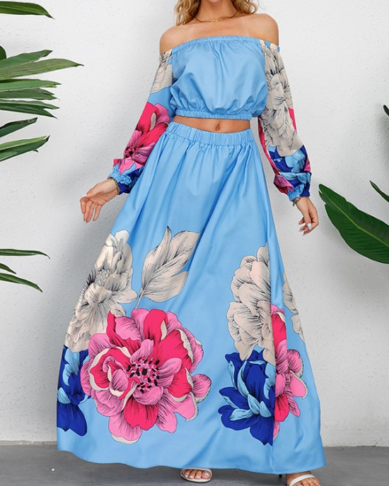 Flower Print A-Line Elasticity Pleated Off-The-Shoulder Shirts Top + High Waisted Skirts Bottom Two Pieces Set