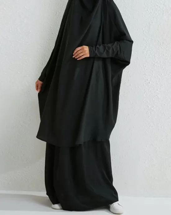 Solid Color Batwing Sleeves Long Sleeves Muslim High Neck Shirts Top + Skirts Bottom Two Pieces Set